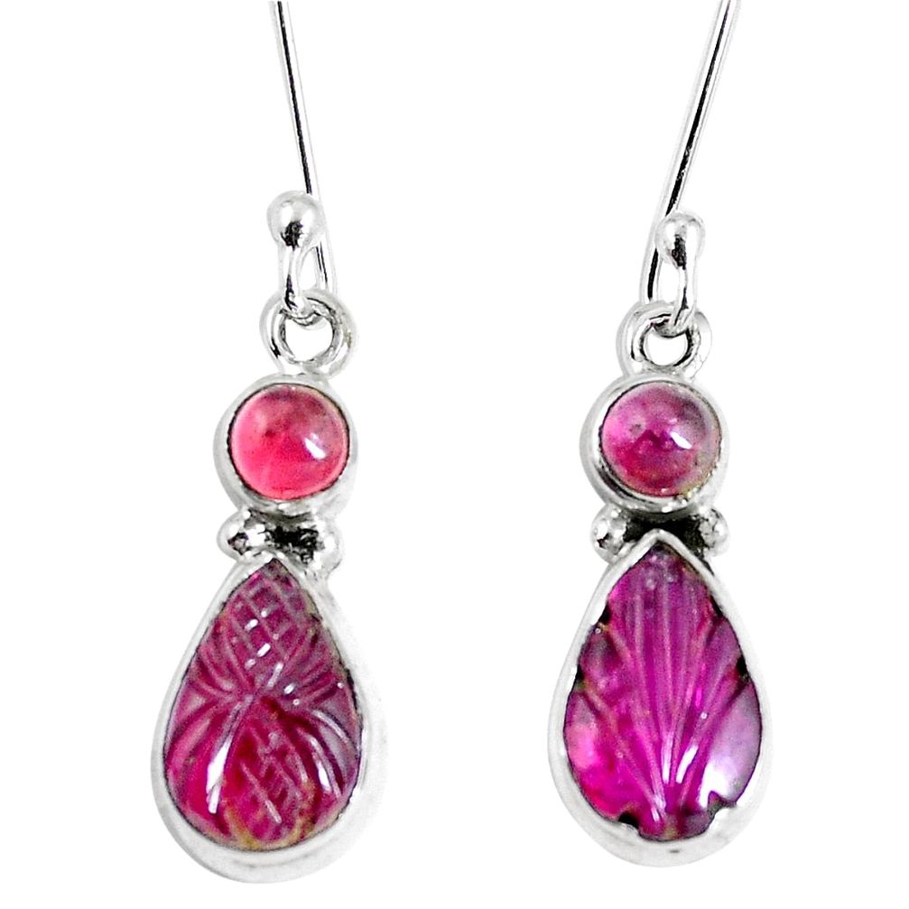 Natural watermelon tourmaline carving 925 sterling silver dangle earrings m69423