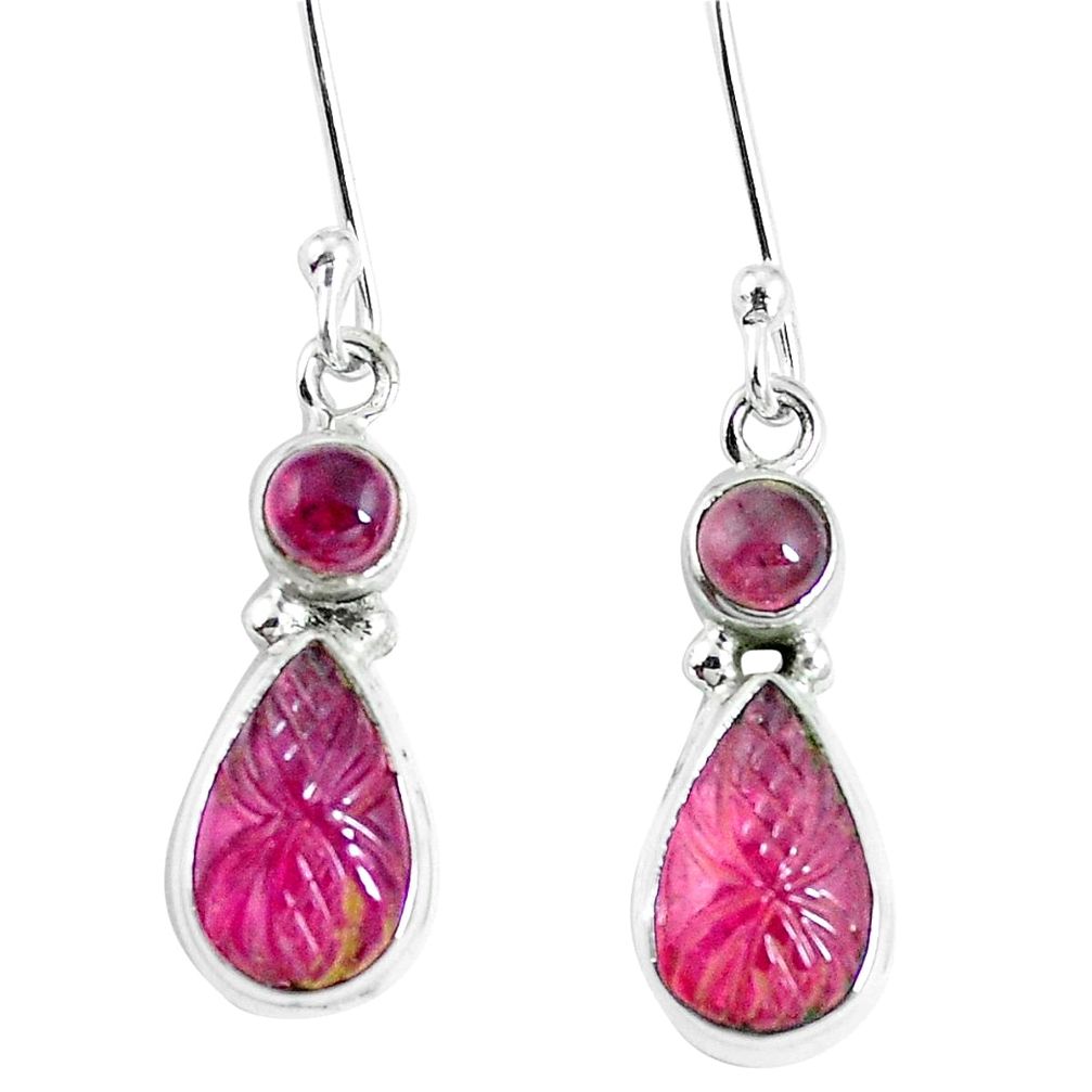 925 sterling silver natural watermelon tourmaline carving dangle earrings m69424