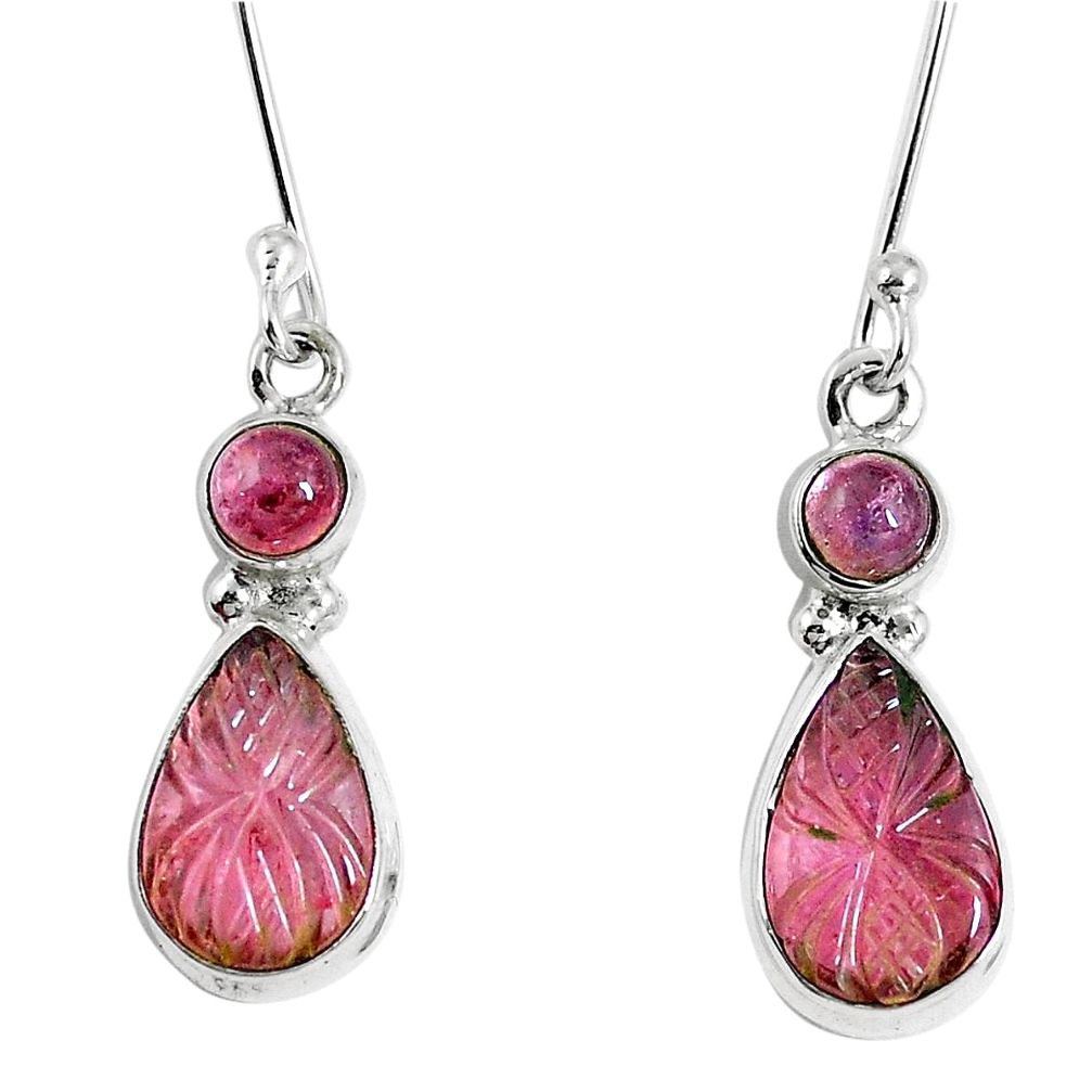 Natural watermelon tourmaline carving 925 silver dangle earrings jewelry m69426