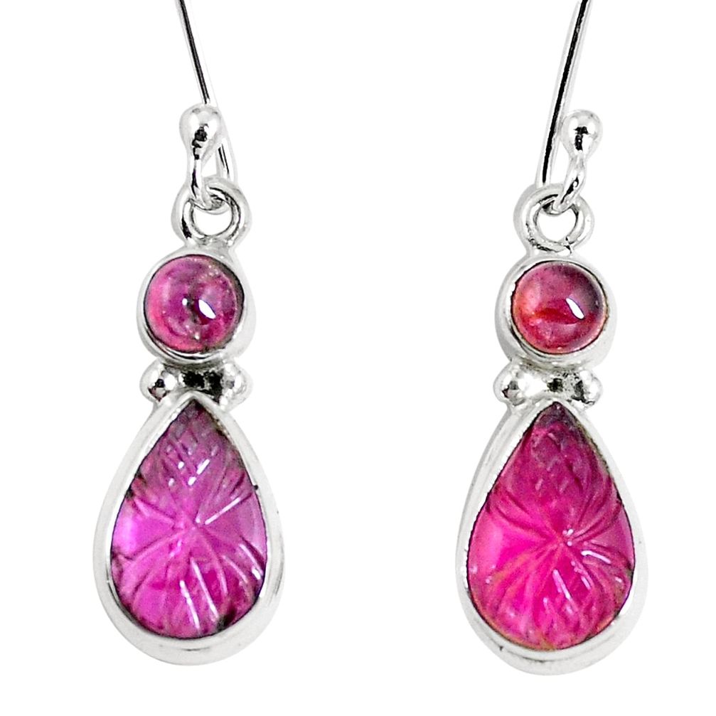 Natural watermelon tourmaline carving 925 silver dangle earrings jewelry m69436