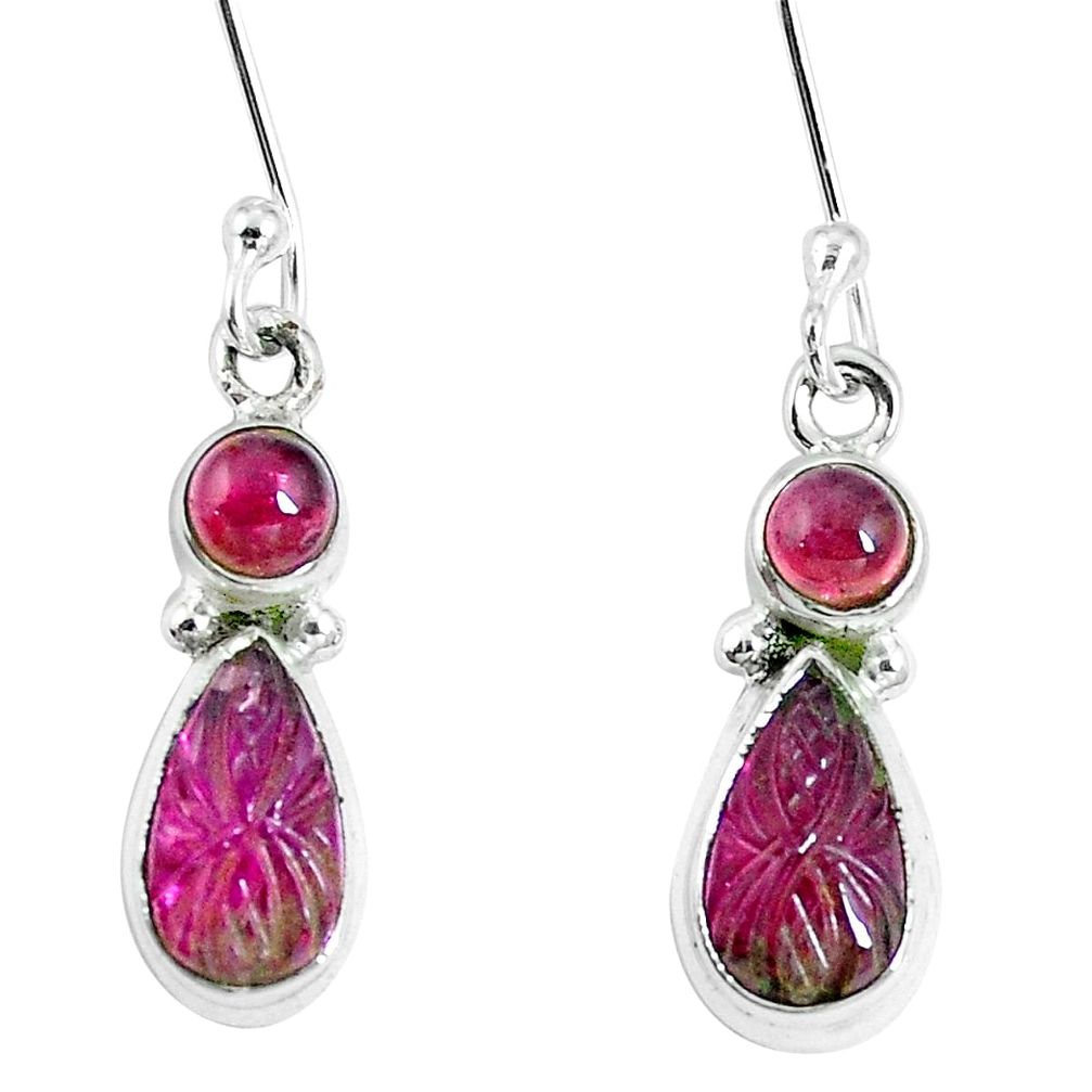 925 sterling silver natural watermelon tourmaline carving dangle earrings m69439