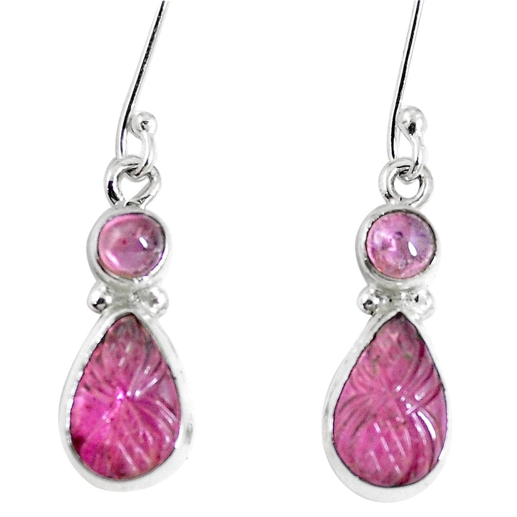 Natural watermelon tourmaline carving 925 silver dangle earrings jewelry m69440