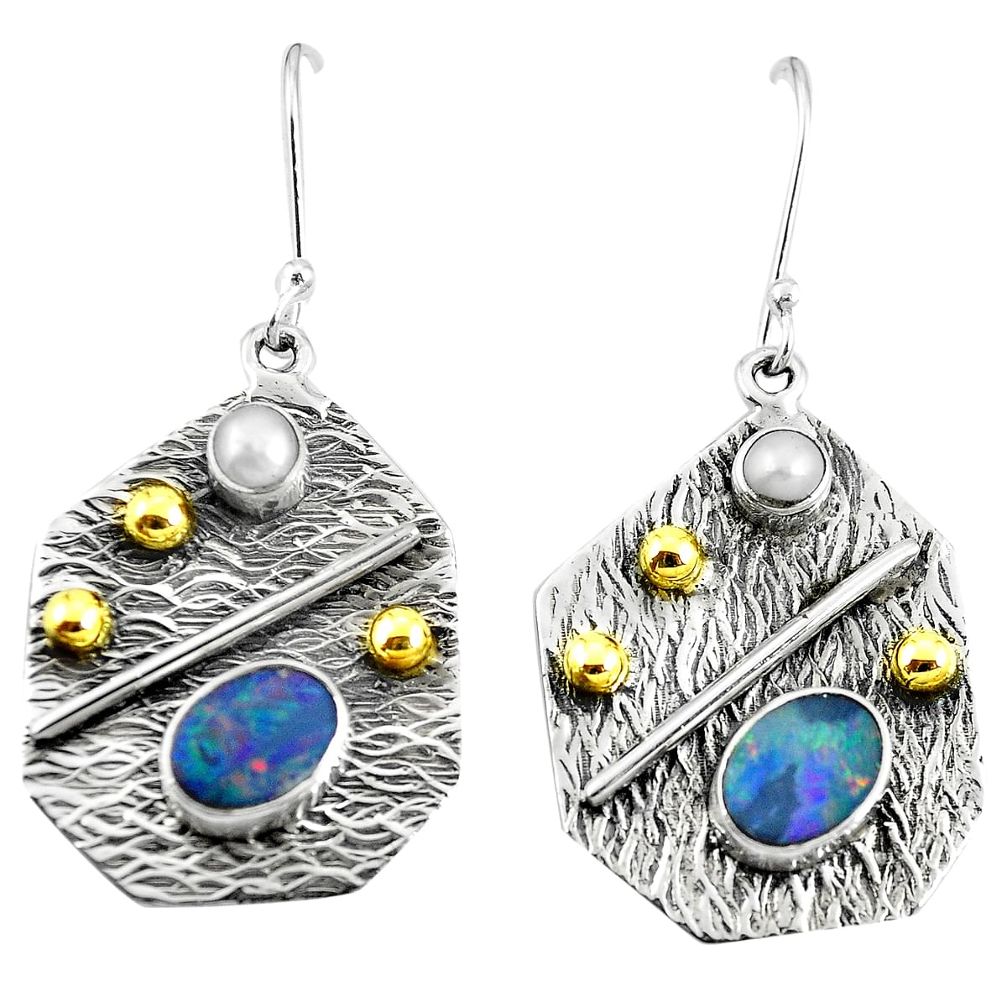 Natural blue doublet opal australian 925 silver two tone dangle earrings m71857