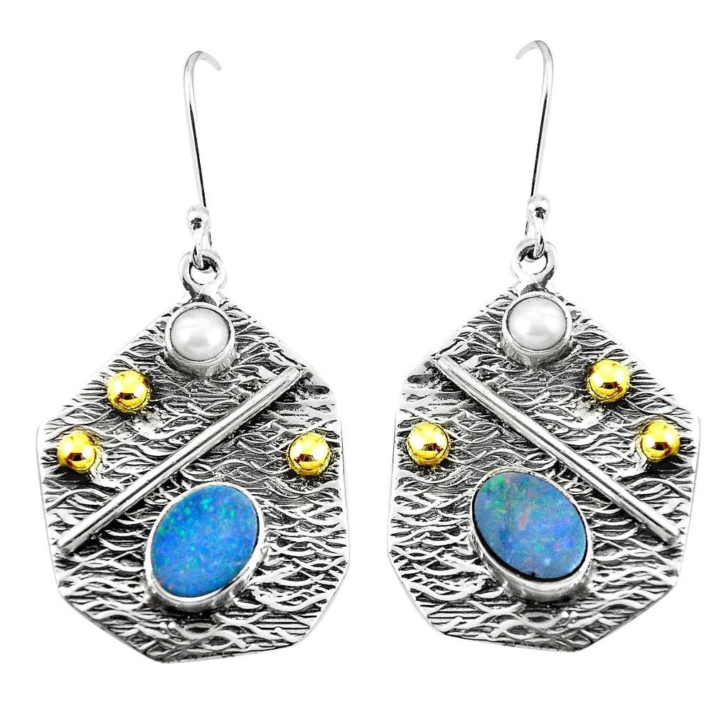925 silver natural blue doublet opal australian two tone dangle earrings m71859