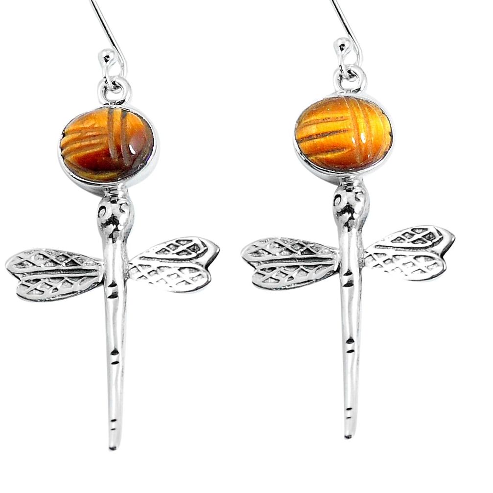 925 sterling silver natural brown tiger's eye dragonfly earrings m72304