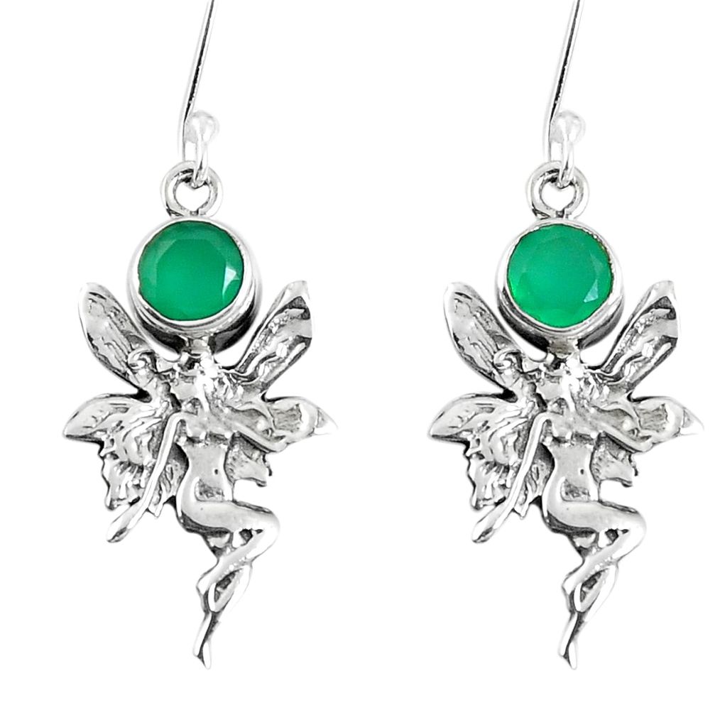 Natural green chalcedony 925 silver angel wings fairy earrings m72346