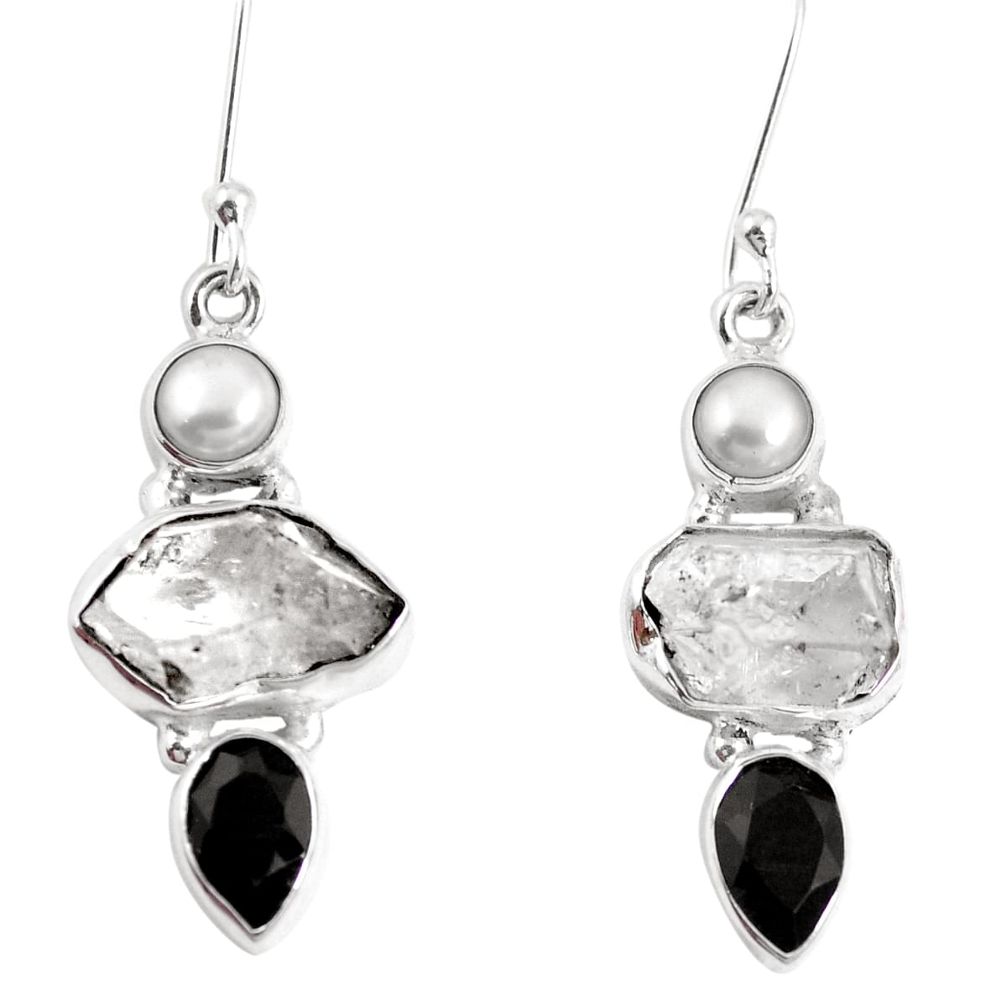 Natural white herkimer diamond onyx 925 silver dangle earrings m73049