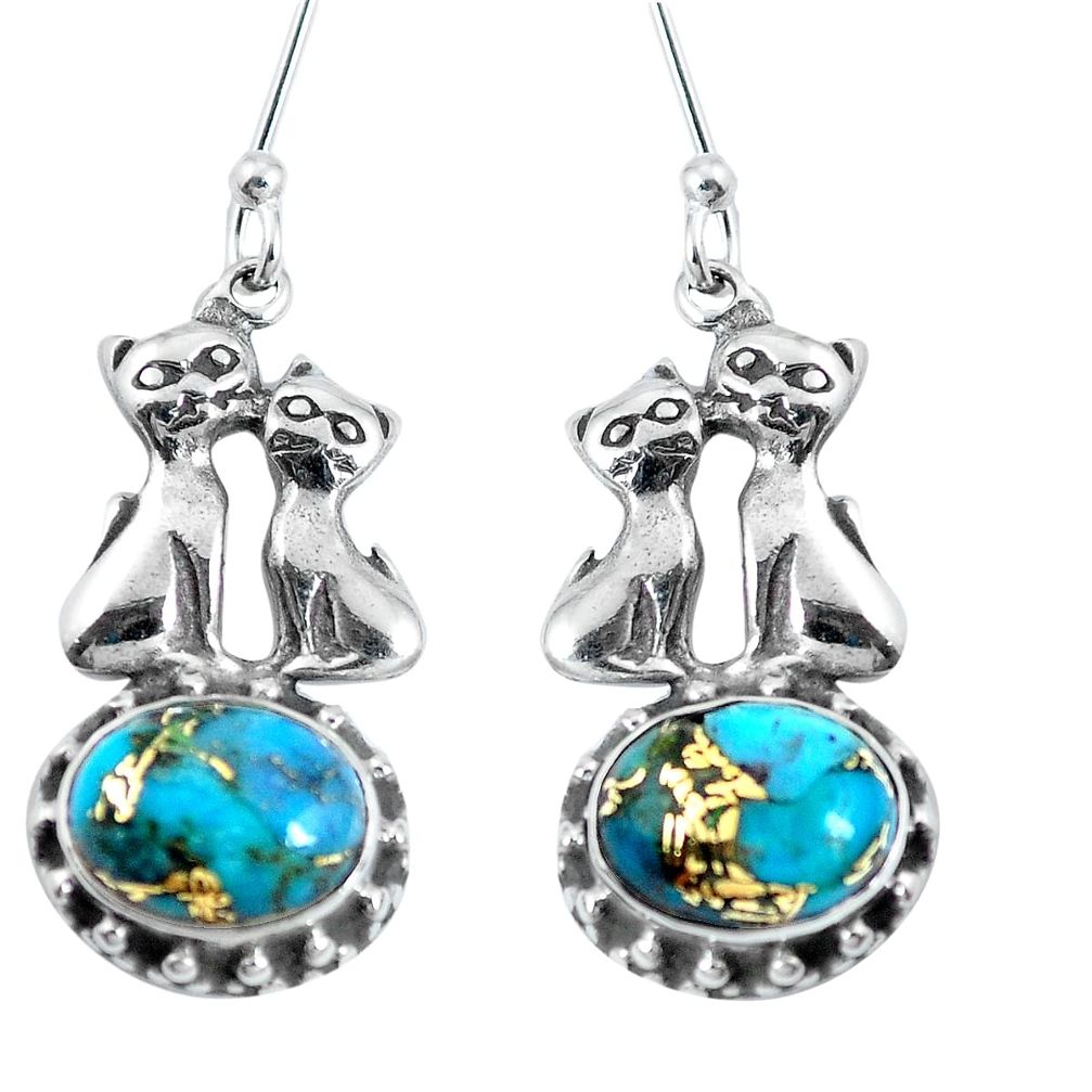 925 sterling silver blue copper turquoise two cats earrings jewelry m73114