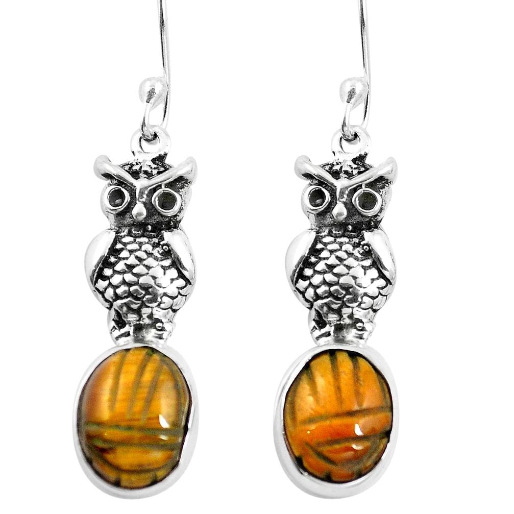 Natural brown tiger's eye 925 sterling silver owl earrings jewelry m74225