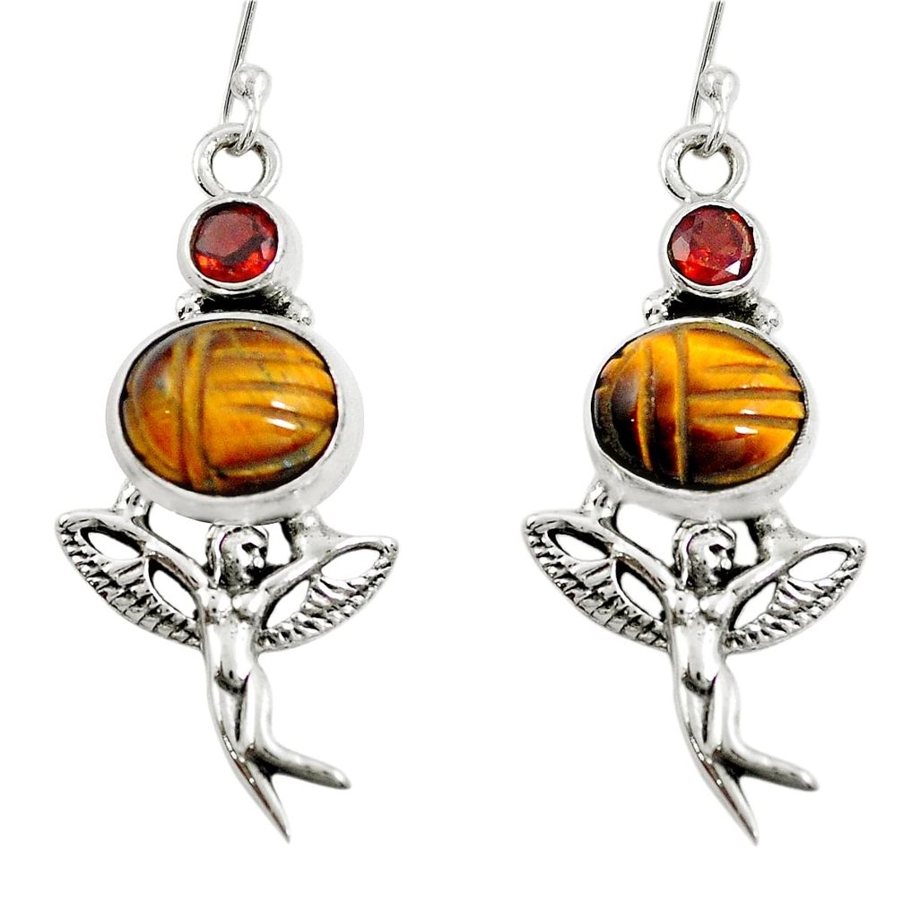 Natural brown tiger's eye 925 silver angel wings fairy earrings m75044