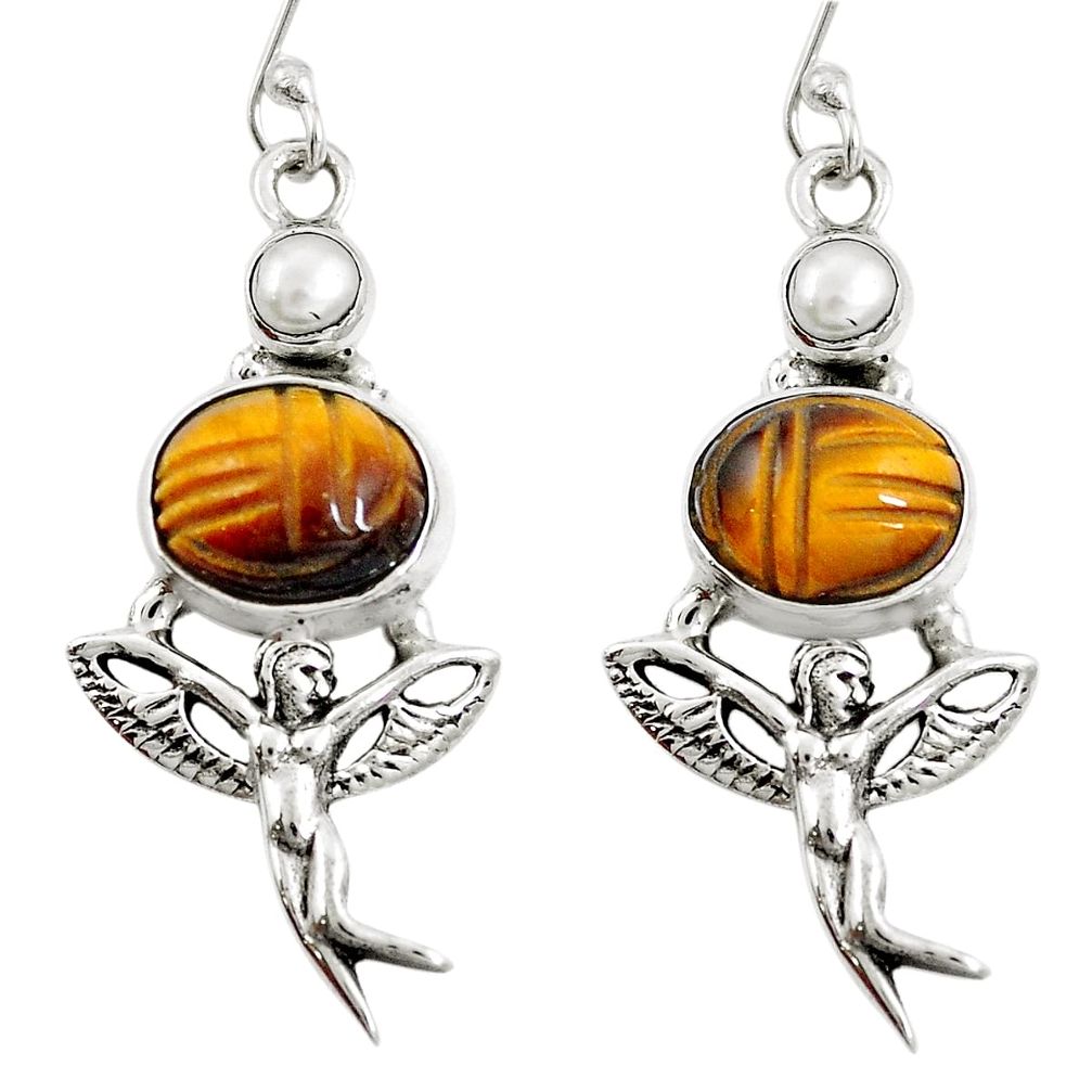 Natural brown tiger's eye 925 silver angel wings fairy earrings jewelry m75046