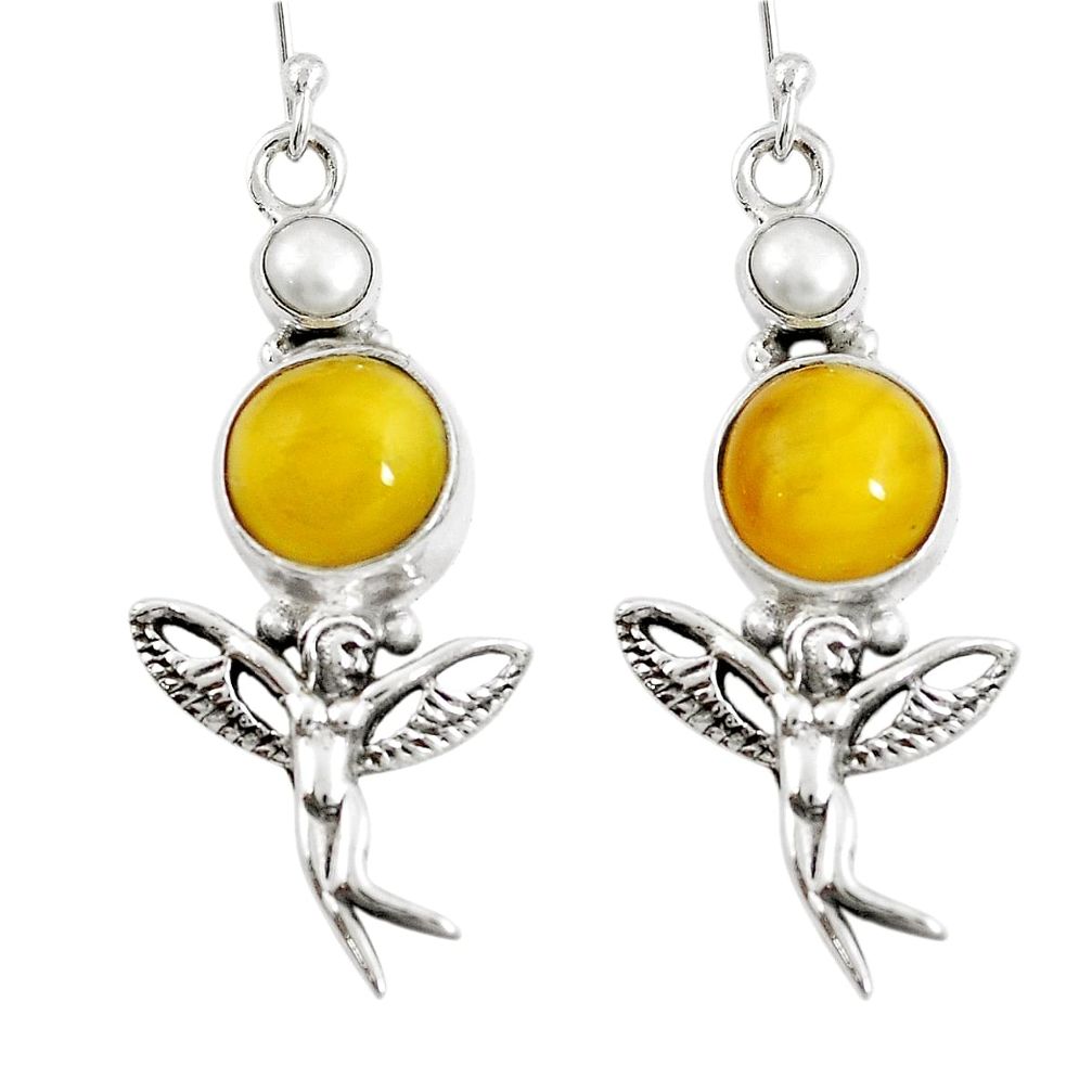 Yellow amber pearl 925 sterling silver angel wings fairy earrings m75052