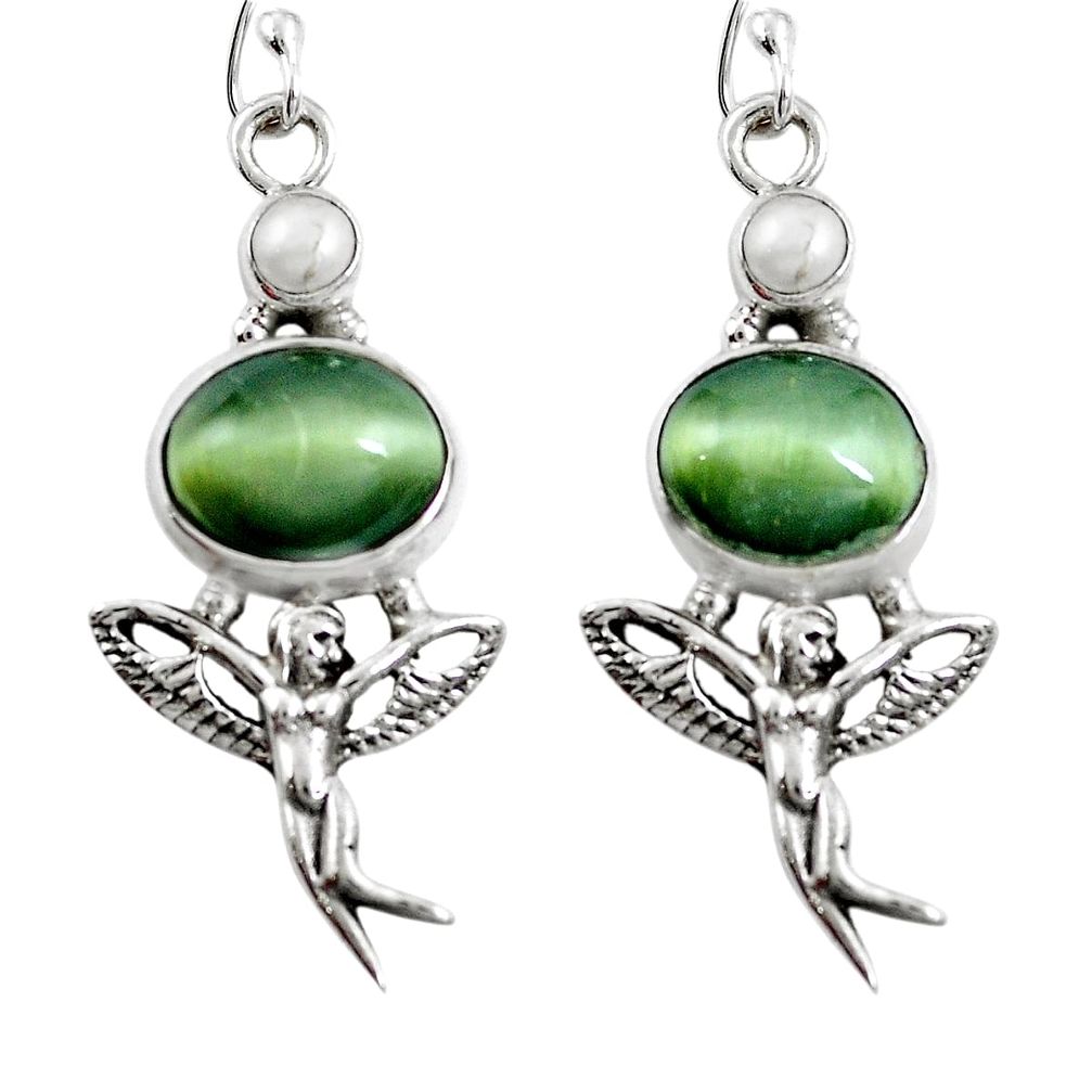 Green cats eye pearl 925 silver angel wings fairy earrings jewelry m75058