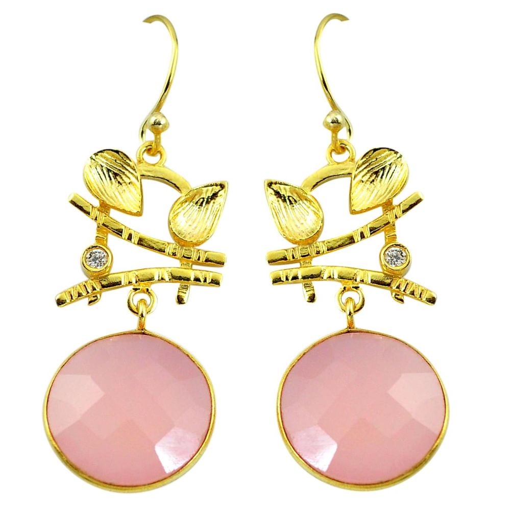 Natural pink chalcedony 925 silver 14k gold dangle earrings m77013