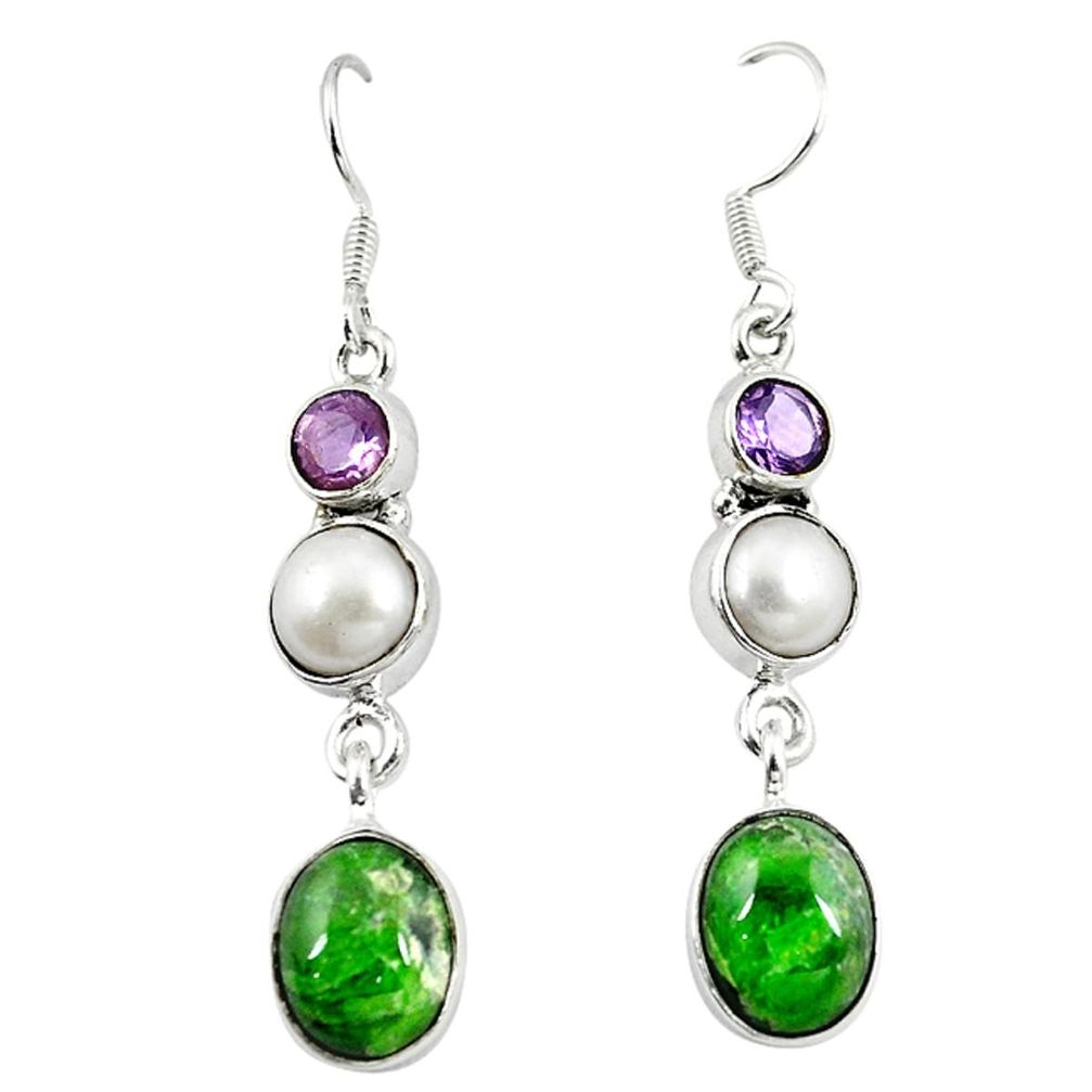 Natural green chrome diopside amethyst pearl 925 silver dangle earrings m7737