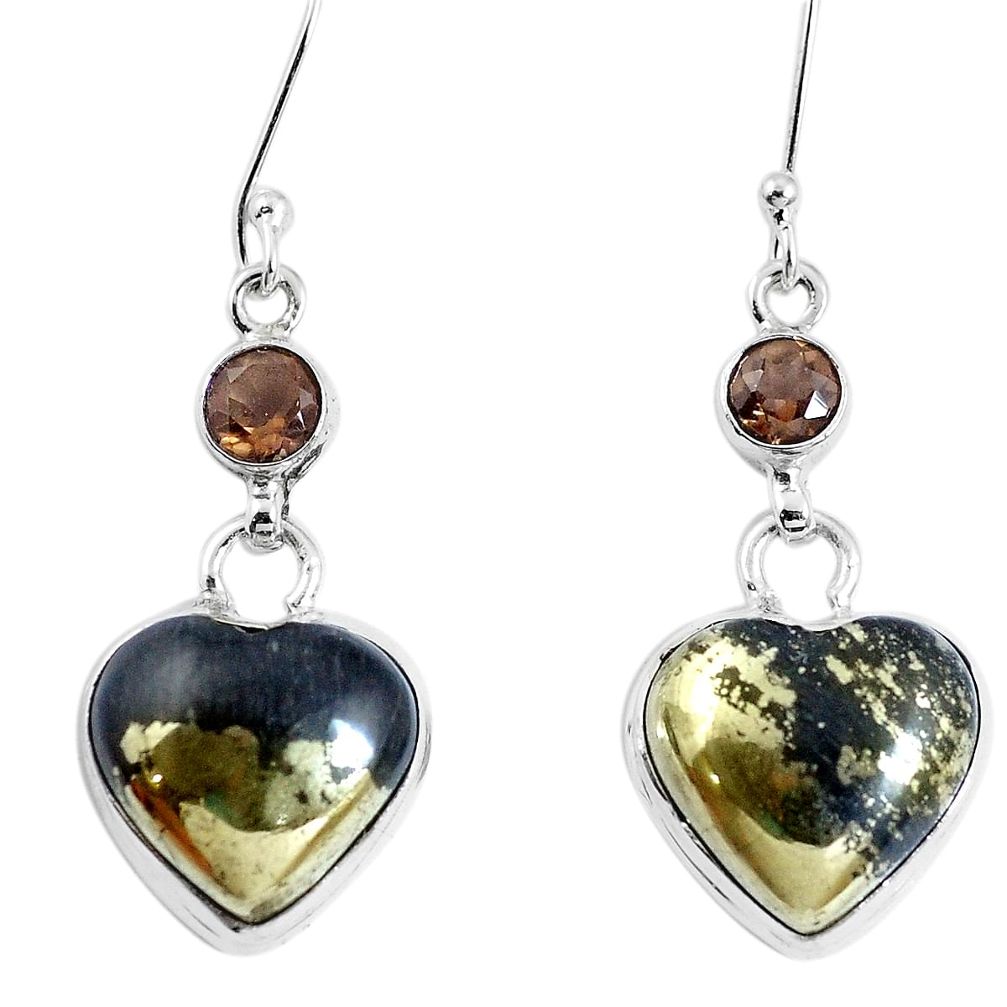 Natural pyrite in magnetite (healer's gold) 925 silver heart earrings m78252