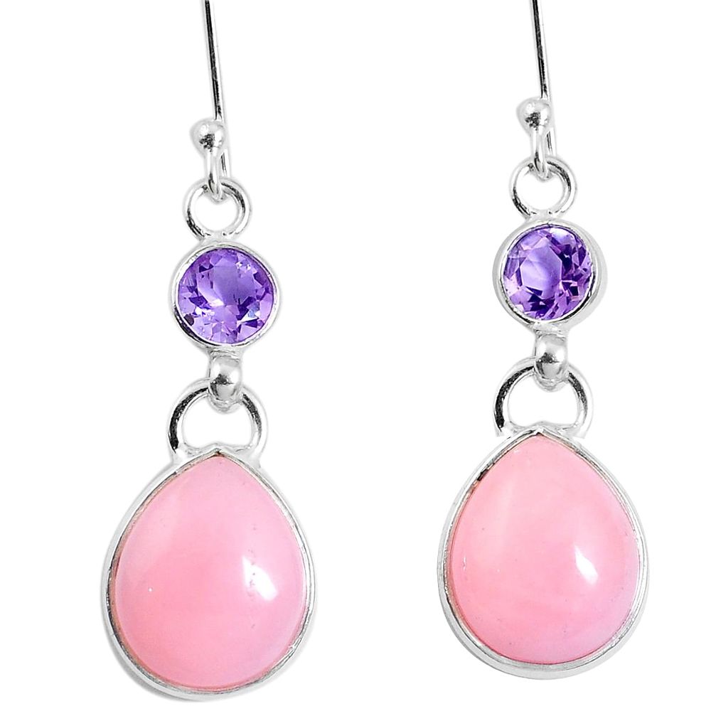 Natural pink opal amethyst 925 sterling silver dangle earrings m78261