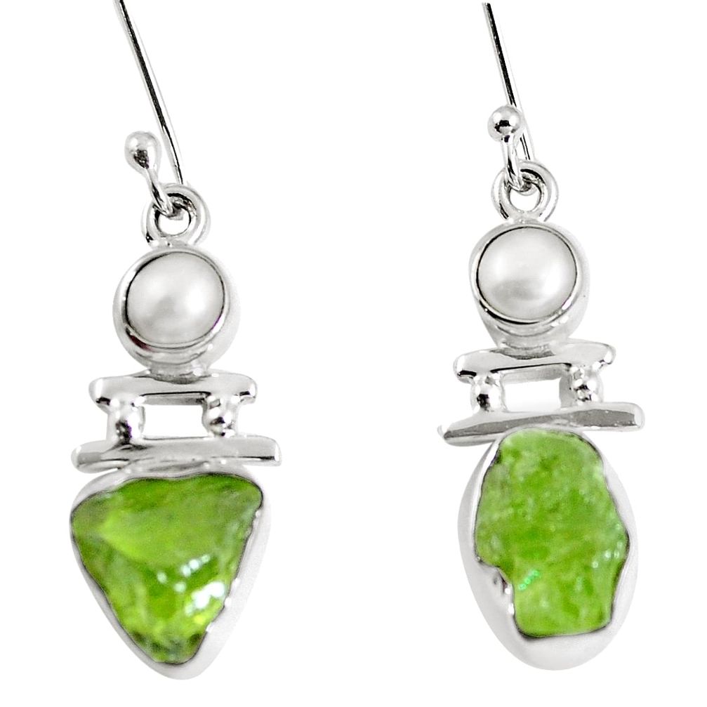 Natural green peridot rough white pearl 925 silver dangle earrings m78326