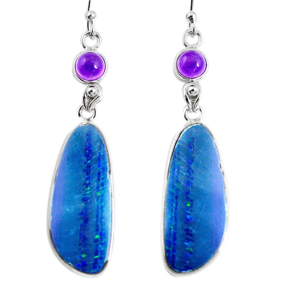 Natural blue doublet opal australian 925 silver dangle earrings m78423