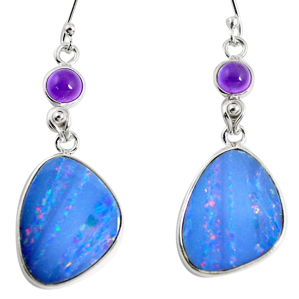 Natural blue doublet opal australian 925 silver dangle earrings m78431