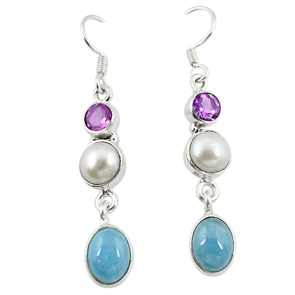 Natural blue aquamarine amethyst pearl 925 silver dangle earrings m7847