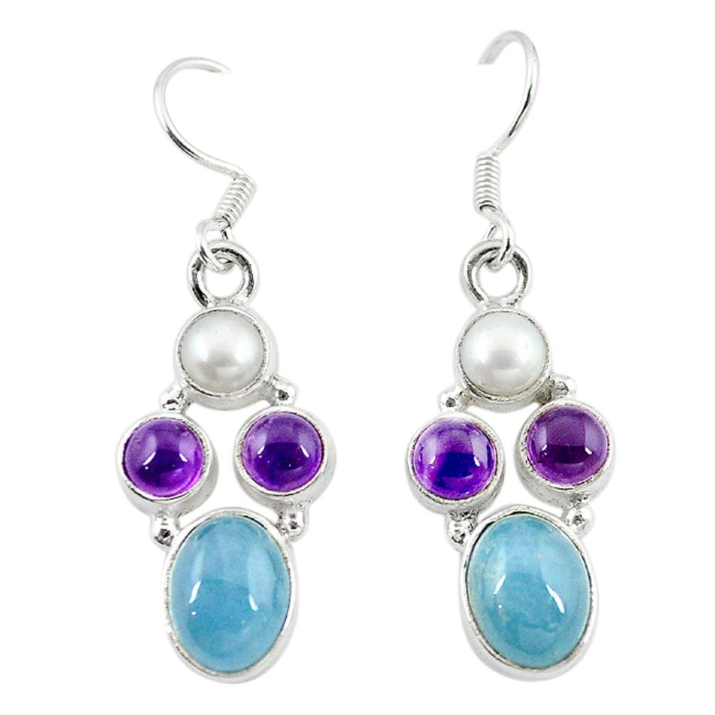 Natural blue aquamarine amethyst pearl 925 silver dangle earrings m7855