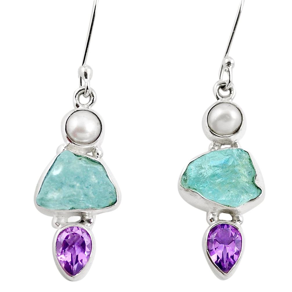 Natural aqua aquamarine rough 925 silver dangle earrings jewelry m80299