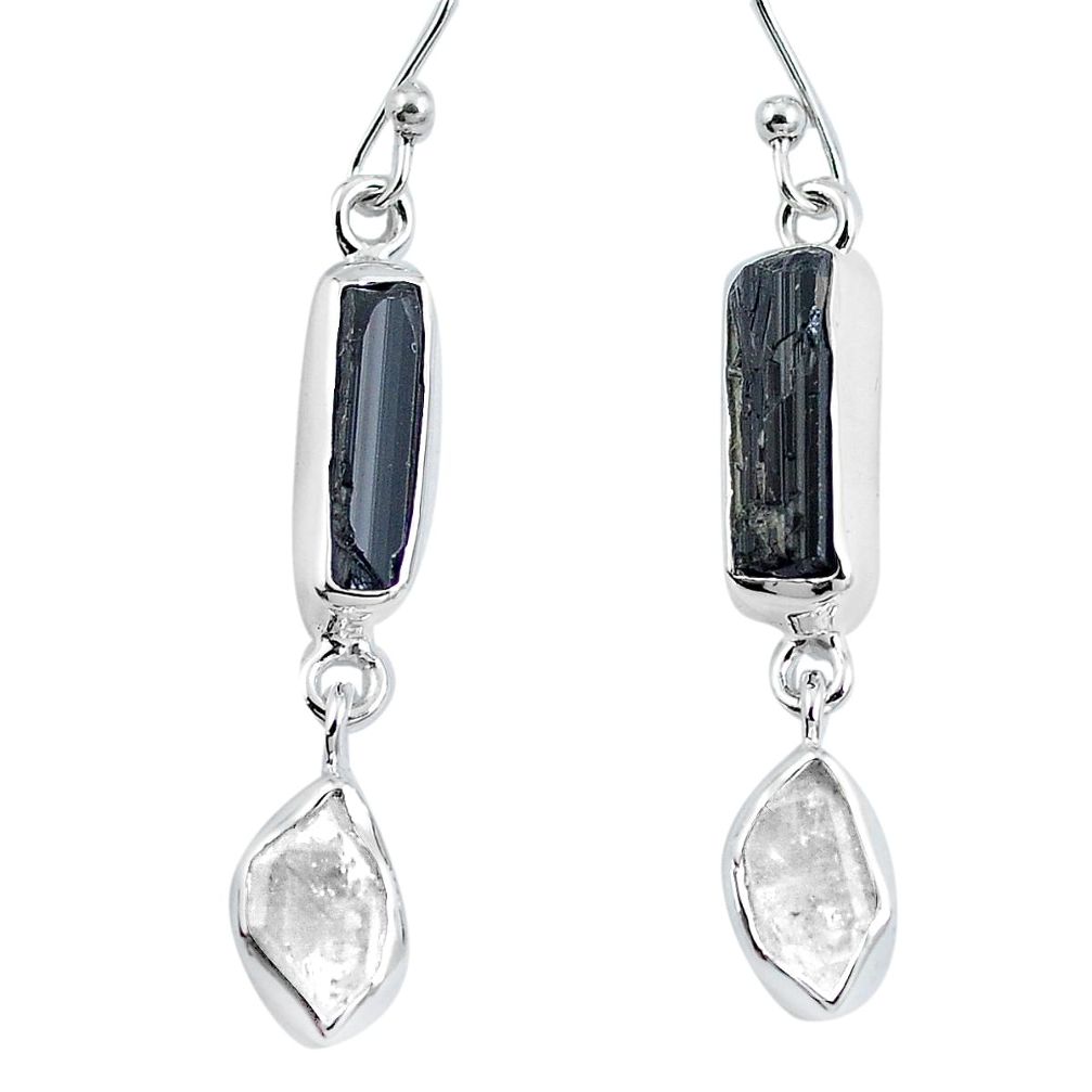 Natural black tourmaline rough 925 silver dangle earrings jewelry m81285