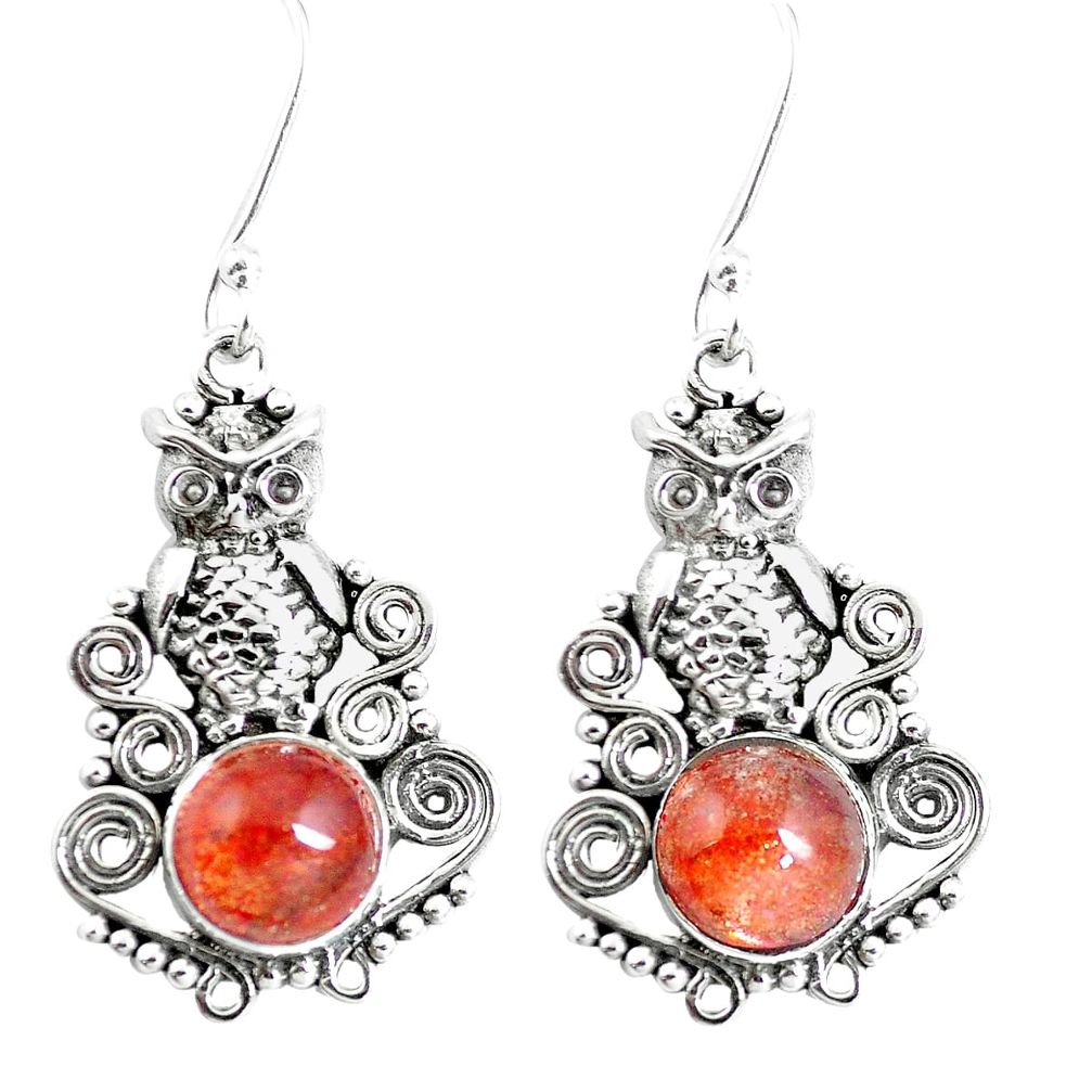 Natural orange sunstone (hematite feldspar) 925 silver owl earrings m81436