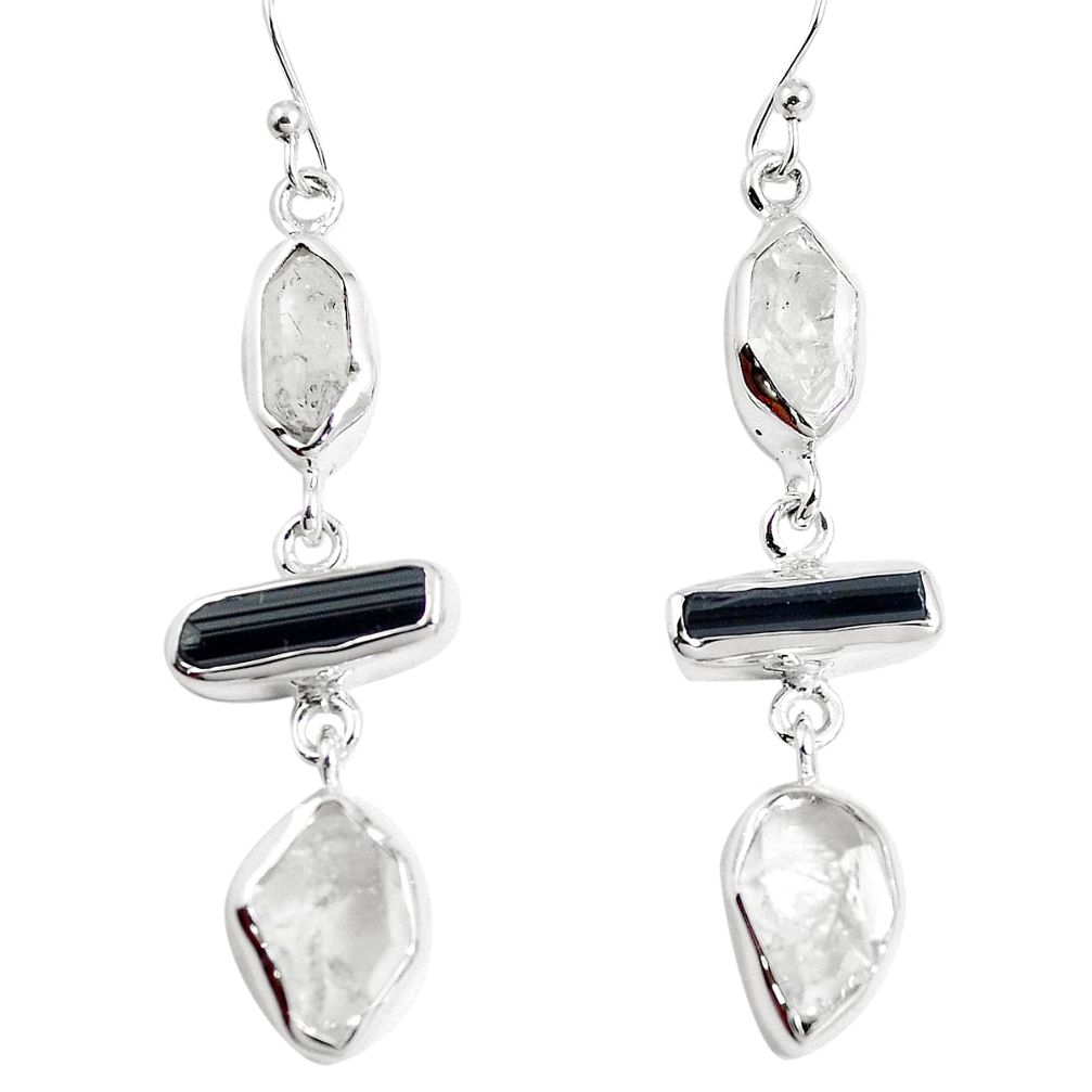 925 silver natural black tourmaline rough herkimer diamond earrings m81450