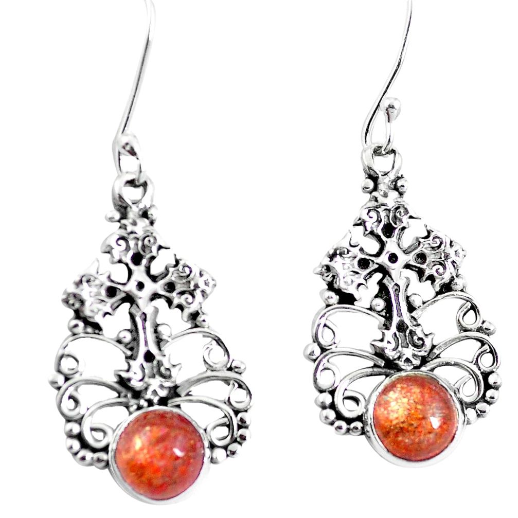 Natural orange sunstone (hematite feldspar) 925 silver cross earrings m81456