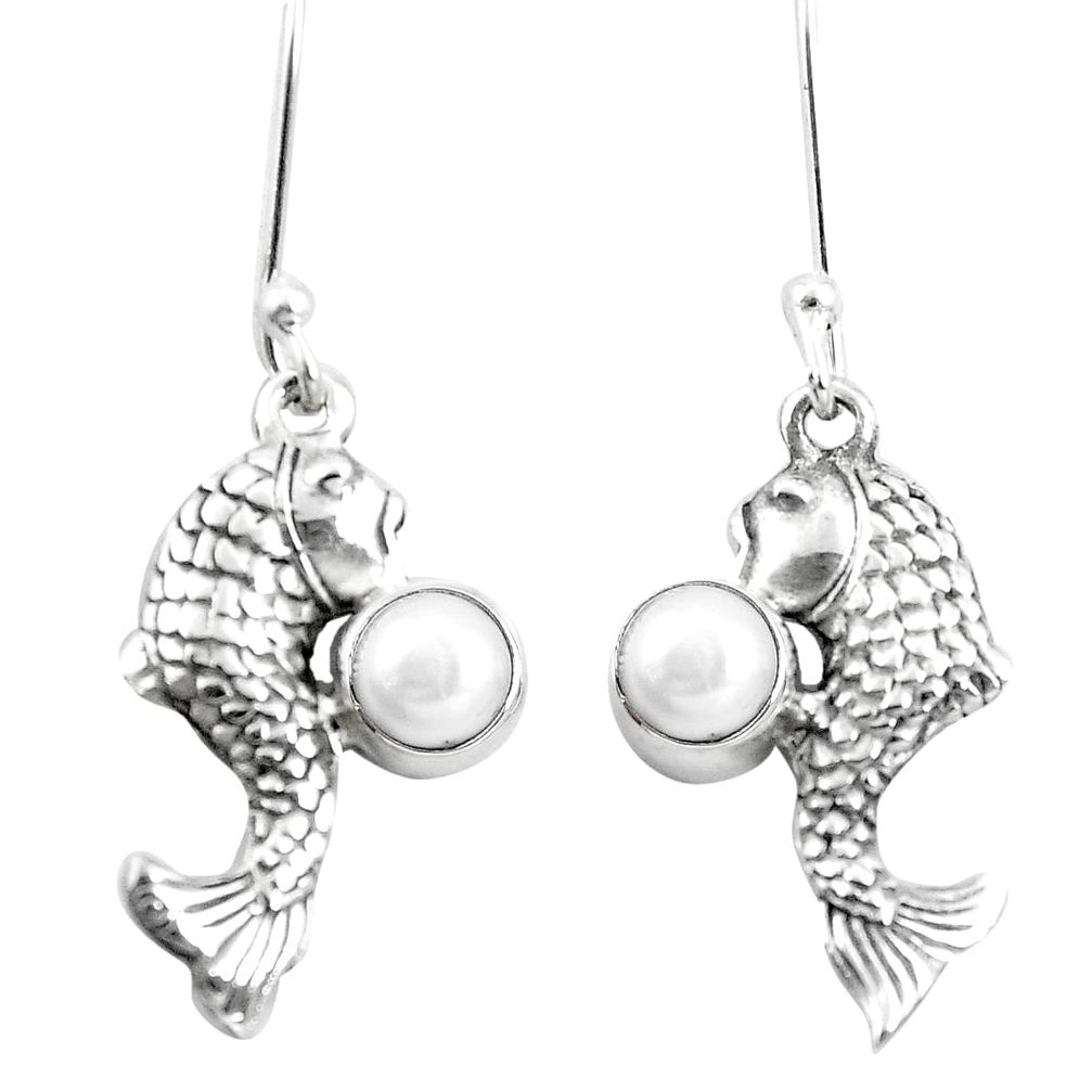 Natural white pearl 925 sterling silver fish earrings jewelry m81791