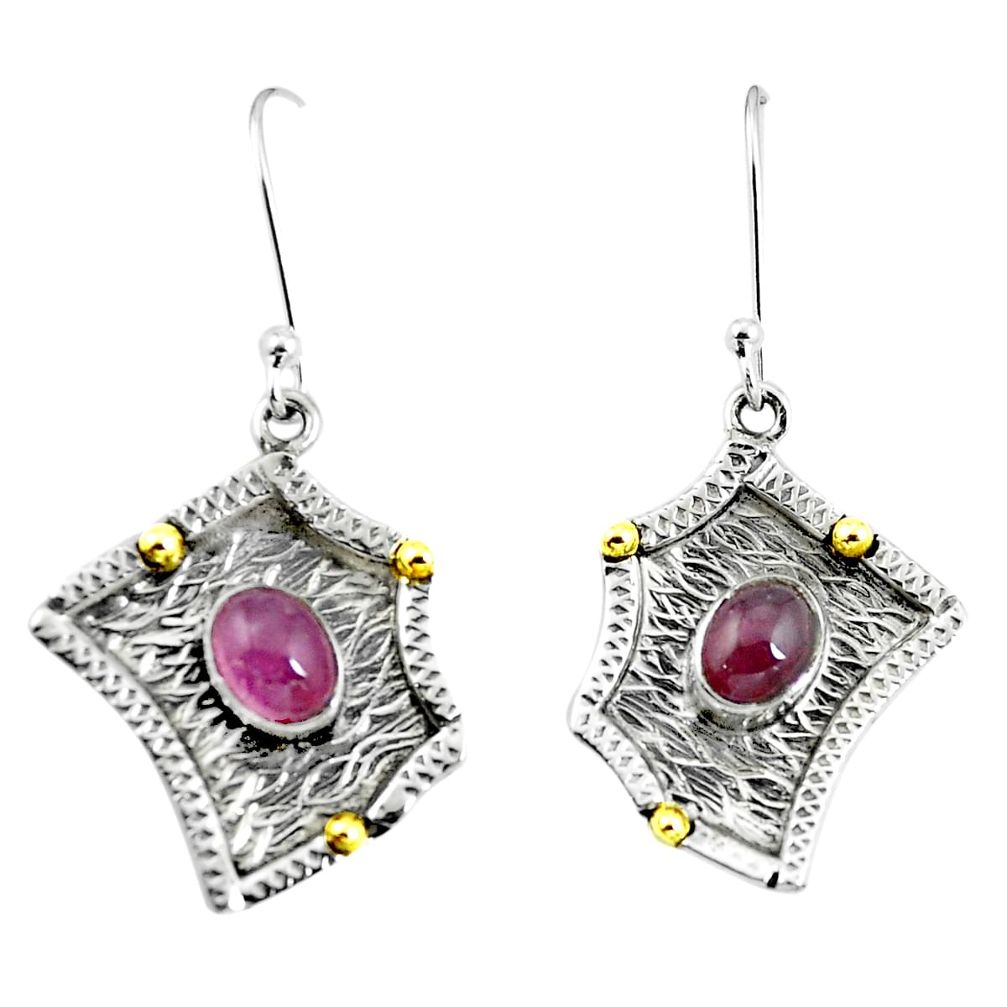 Natural pink tourmaline 925 silver two tone dangle earrings m84112