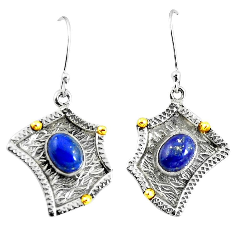 Natural blue lapis lazuli 925 silver two tone dangle earrings m84118