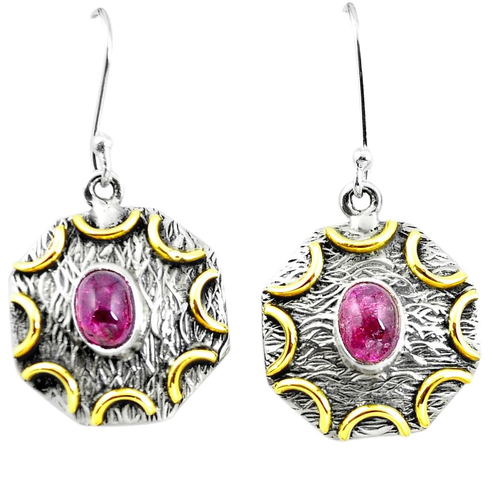 Natural pink tourmaline 925 silver two tone dangle earrings m84123