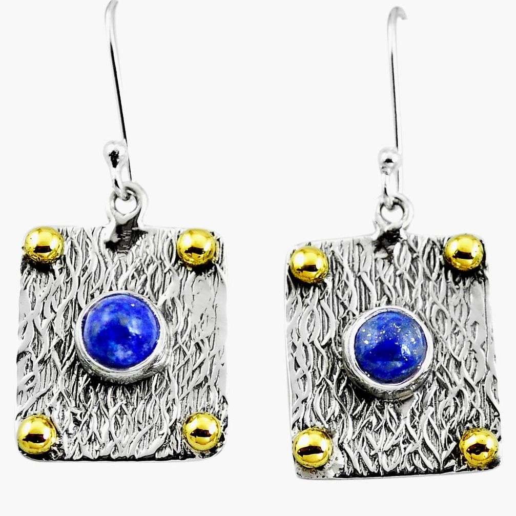 Natural blue lapis lazuli 925 silver two tone dangle earrings jewelry m84129