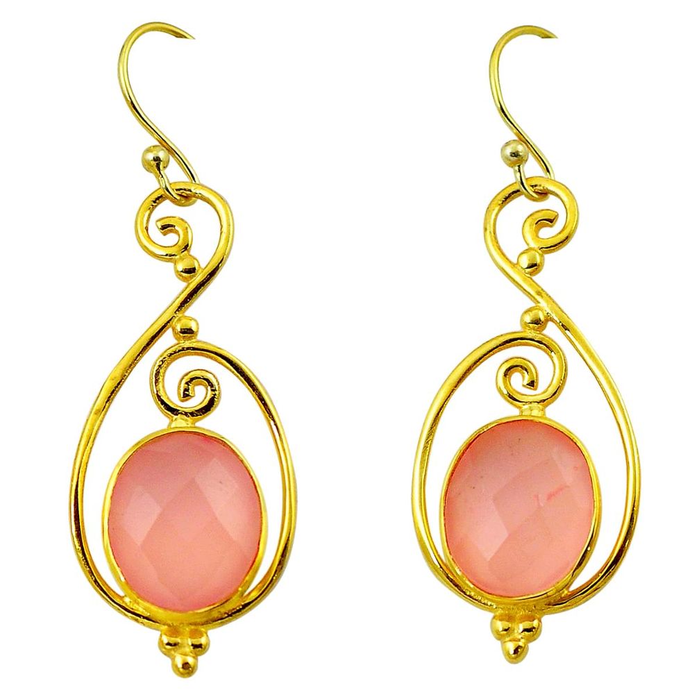 Natural pink rose quartz 925 sterling silver 14k gold dangle earrings m85468