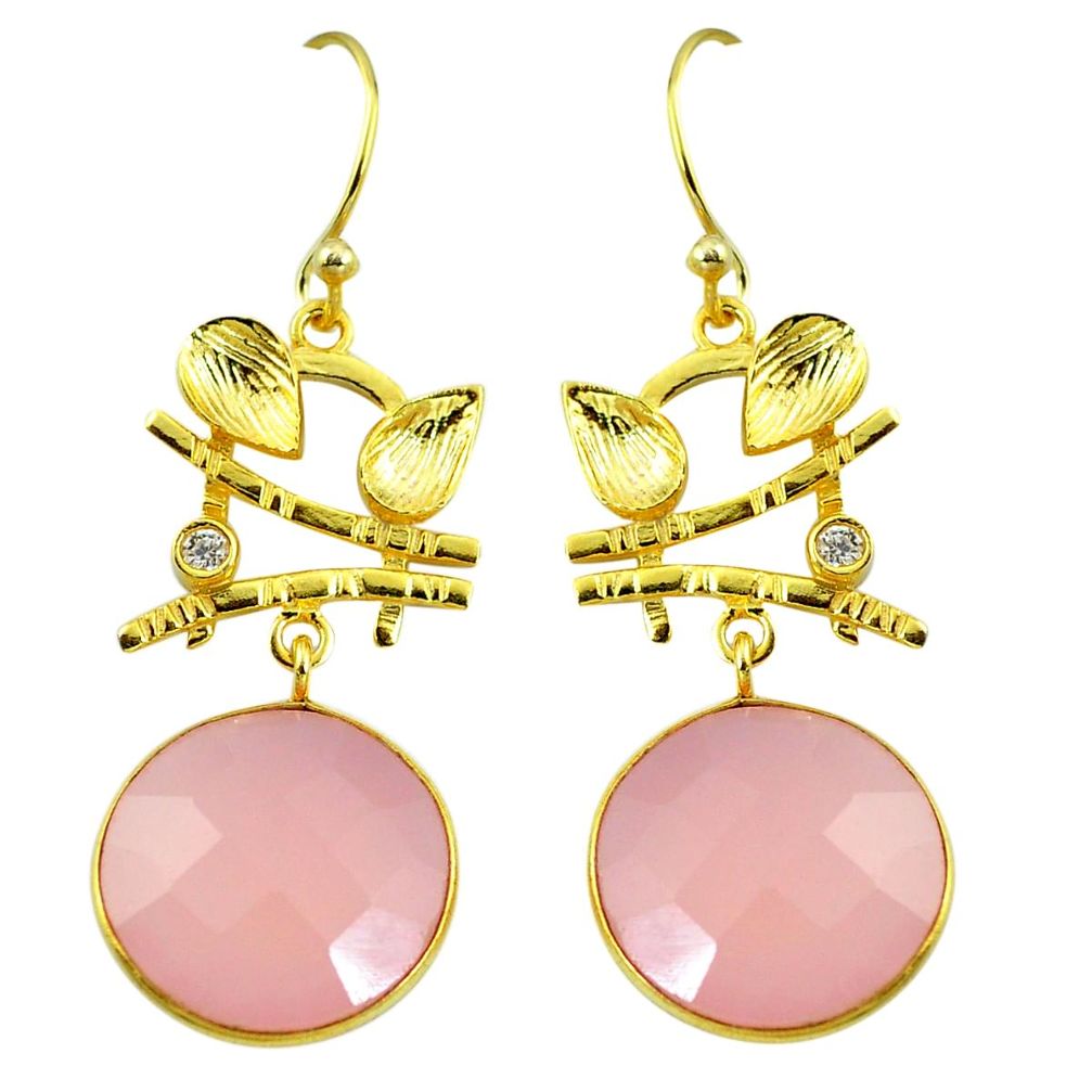 925 sterling silver natural pink rose quartz 14k gold leaf earrings m85471