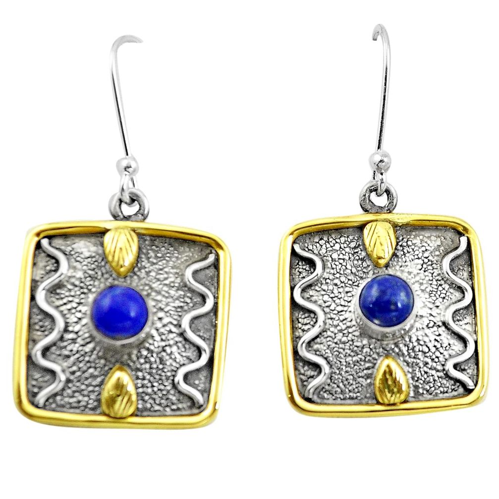 Natural blue lapis lazuli 925 silver two tone dangle victorian earrings m85642