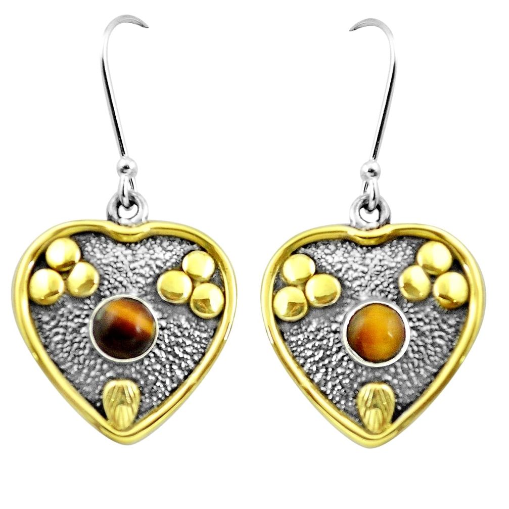 Natural brown tiger's eye 925 sterling silver two tone victorian earrings m85725
