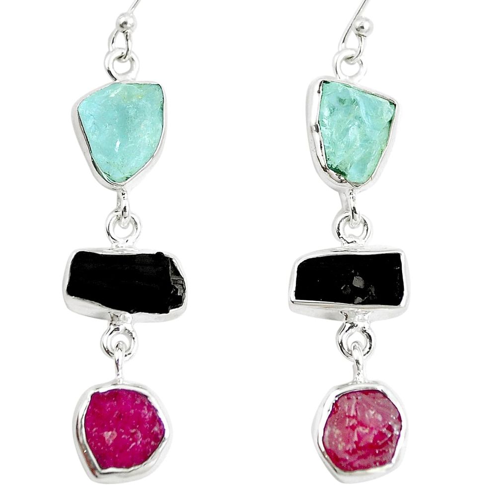 Tourmaline natural pink ruby rough 925 silver aquamarine earrings jewelry m87001