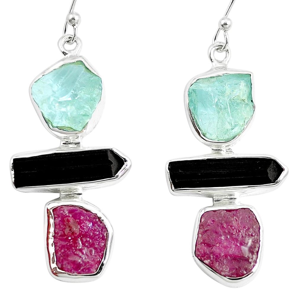 17.42cts natural ruby rough tourmaline silver aquamarine earrings jewelry m87008