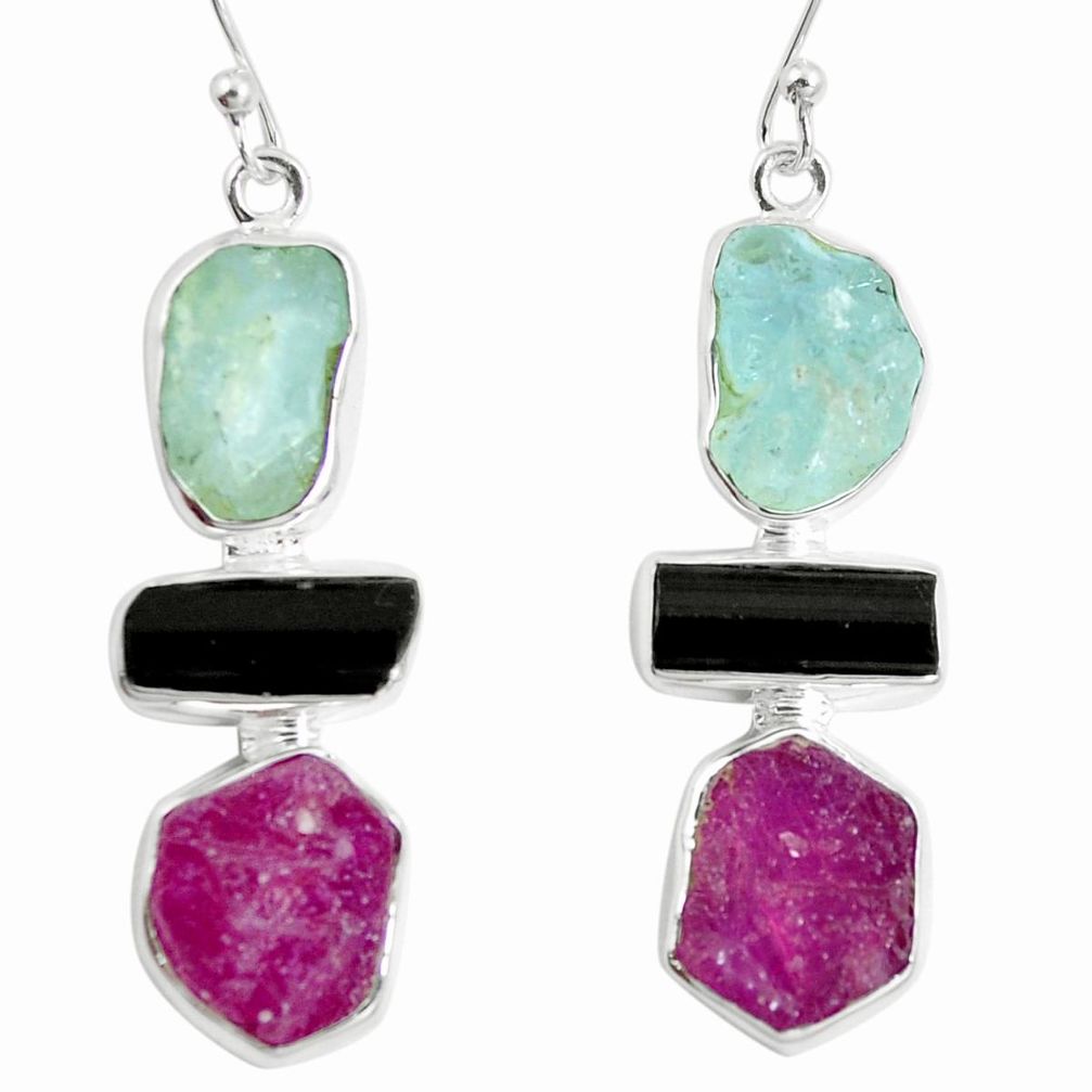 Natural ruby rough tourmaline sterling silver aquamarine earrings m87014