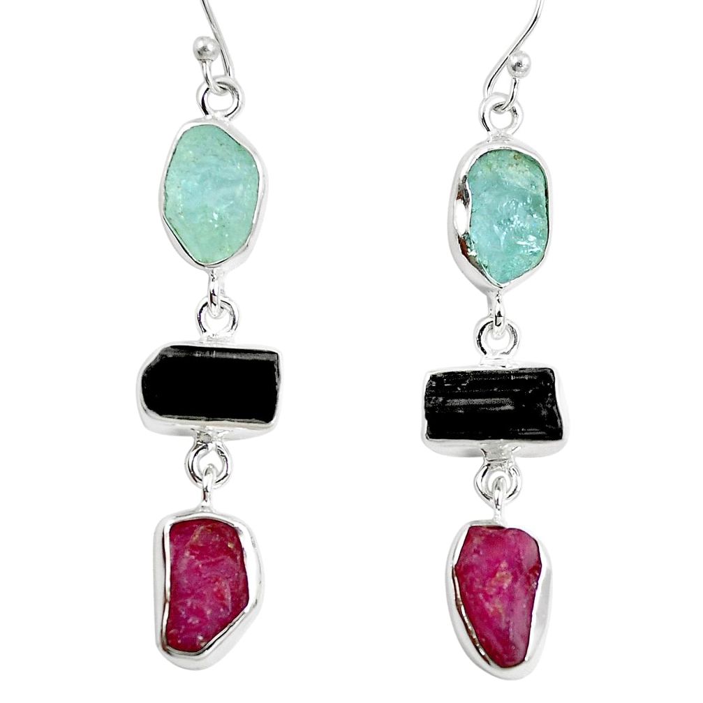 Tourmaline natural ruby rough sterling silver aquamarine earrings m87015