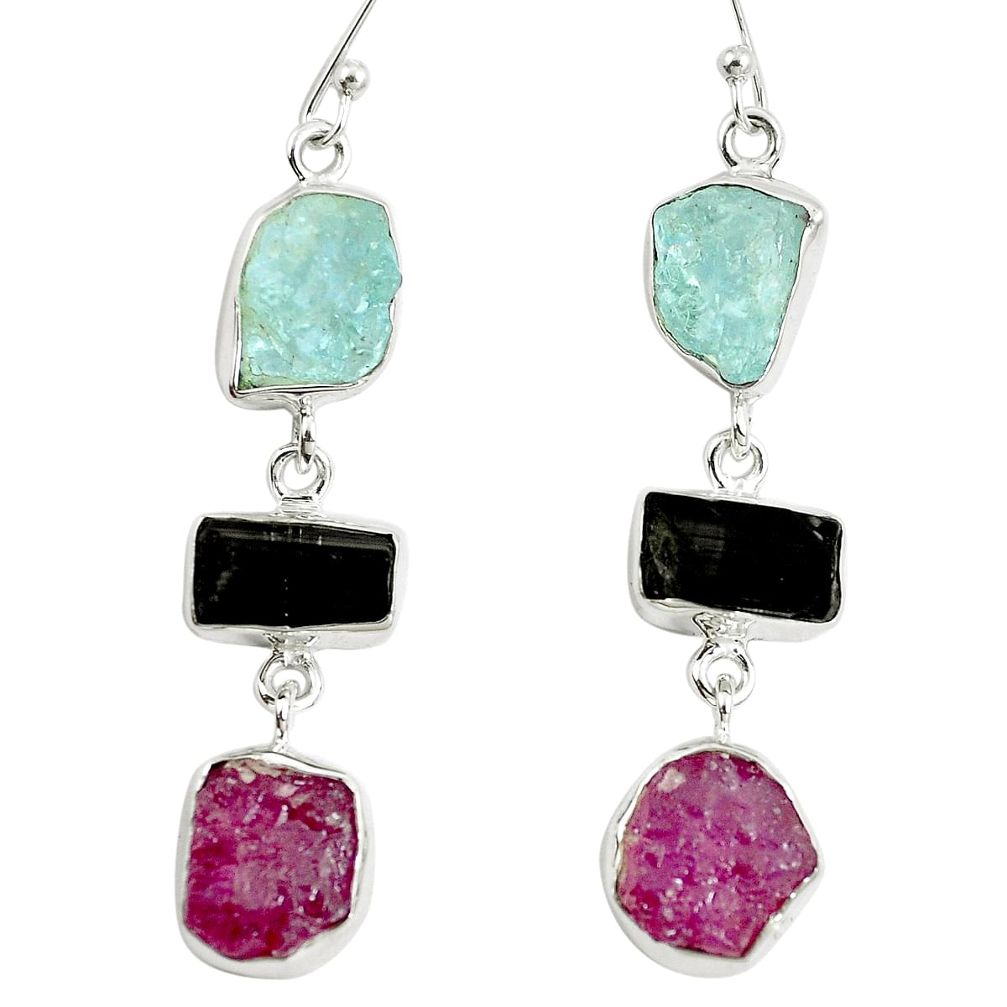 Tourmaline natural ruby rough 925 silver aquamarine earrings m87017