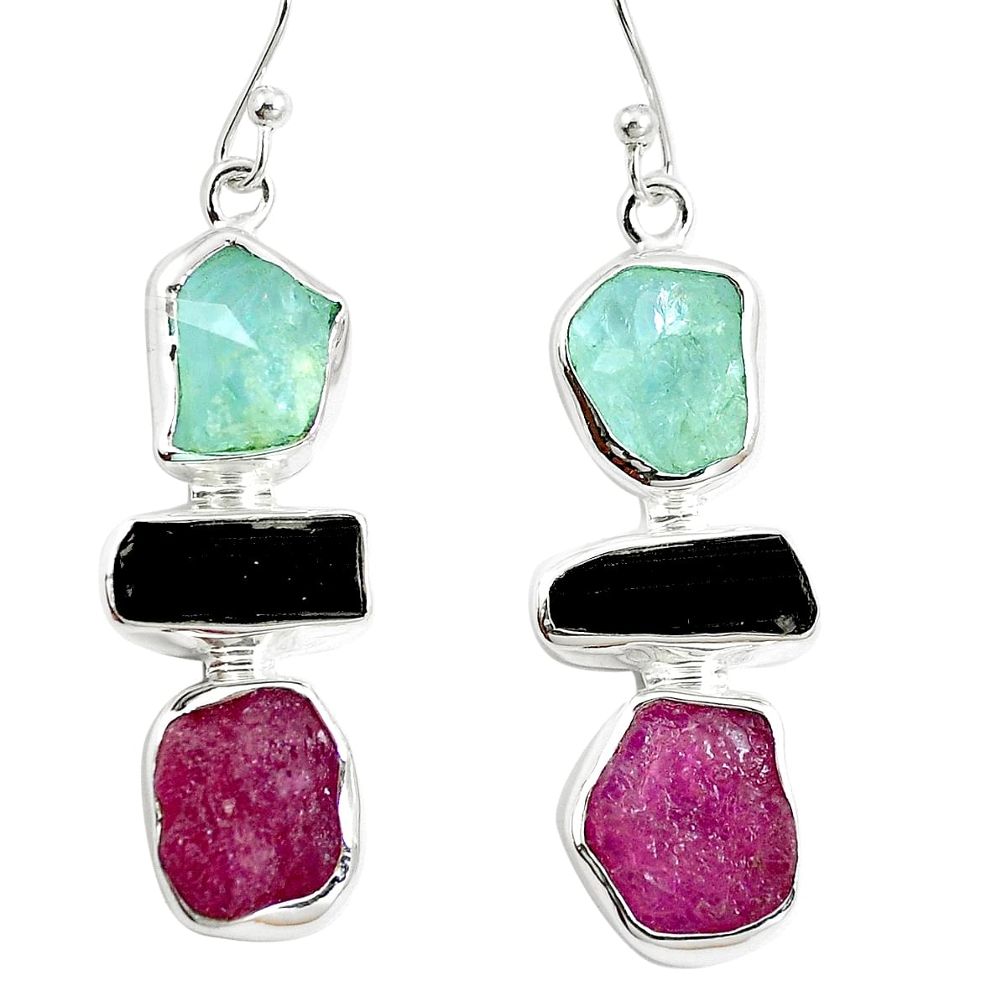 21.67cts natural pink ruby rough 925 silver aquamarine earrings jewelry m87019