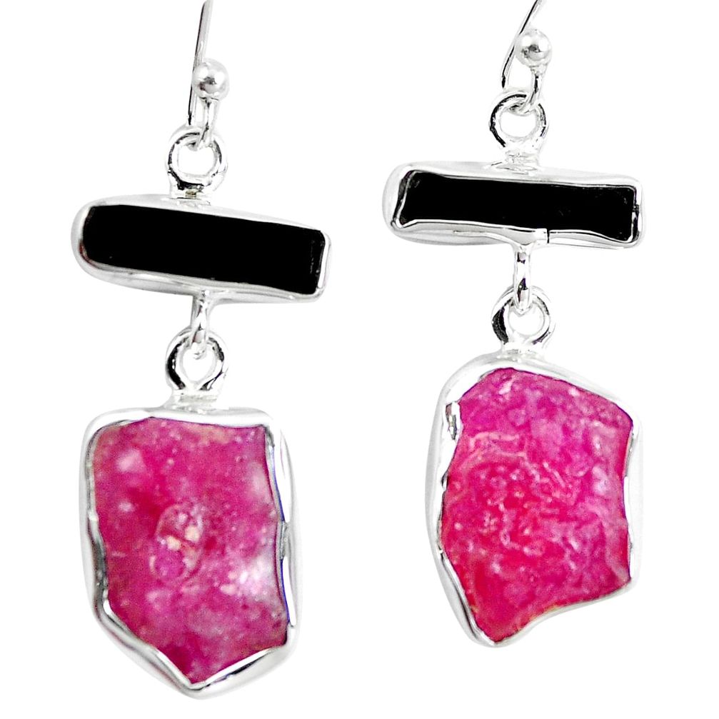 Sterling silver black tourmaline ruby rough dangle earrings m87039