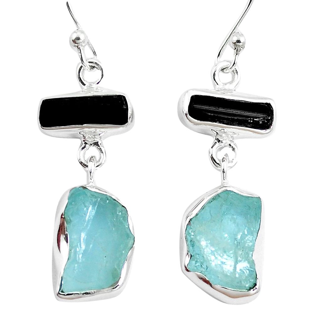 925 silver natural black tourmaline aquamarine rough dangle earrings m87044