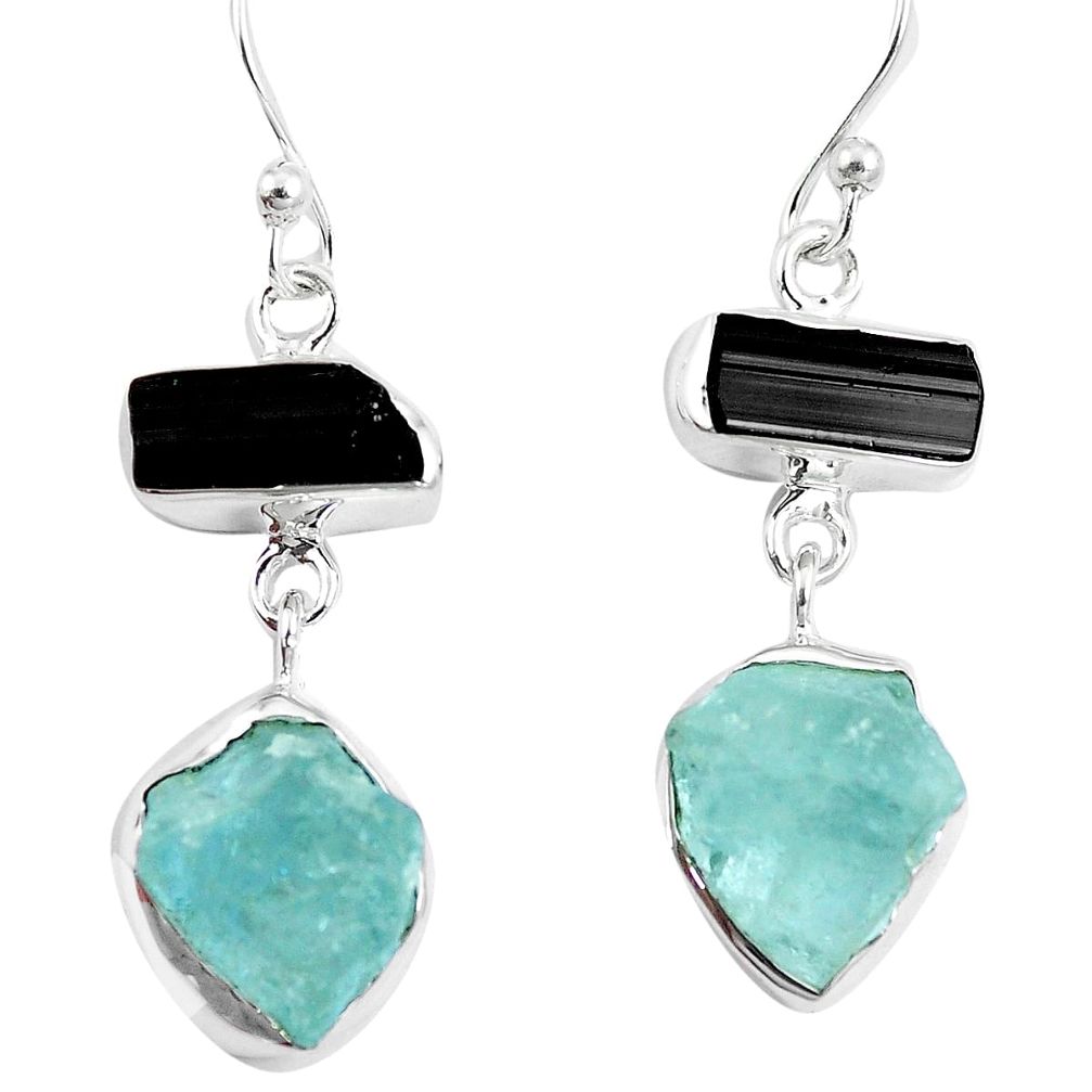 Natural aquamarine rough black tourmaline sterling silver dangle earrings m87047