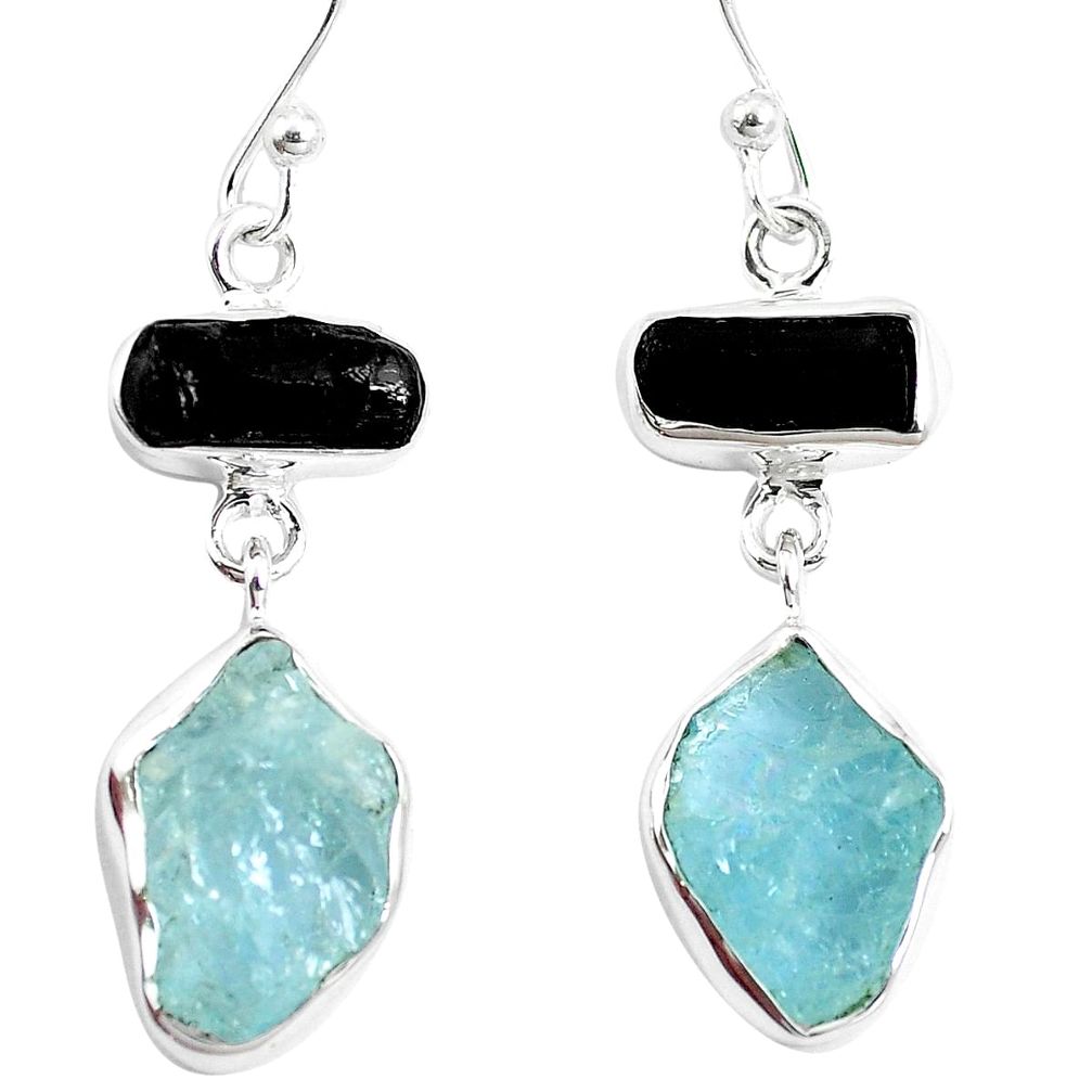 Natural aqua aquamarine rough 925 silver black tourmaline earrings m87052